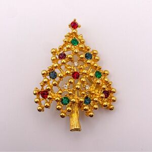 Vintage Gold Toned Rhinestone Christmas Tree Pin/Brooch